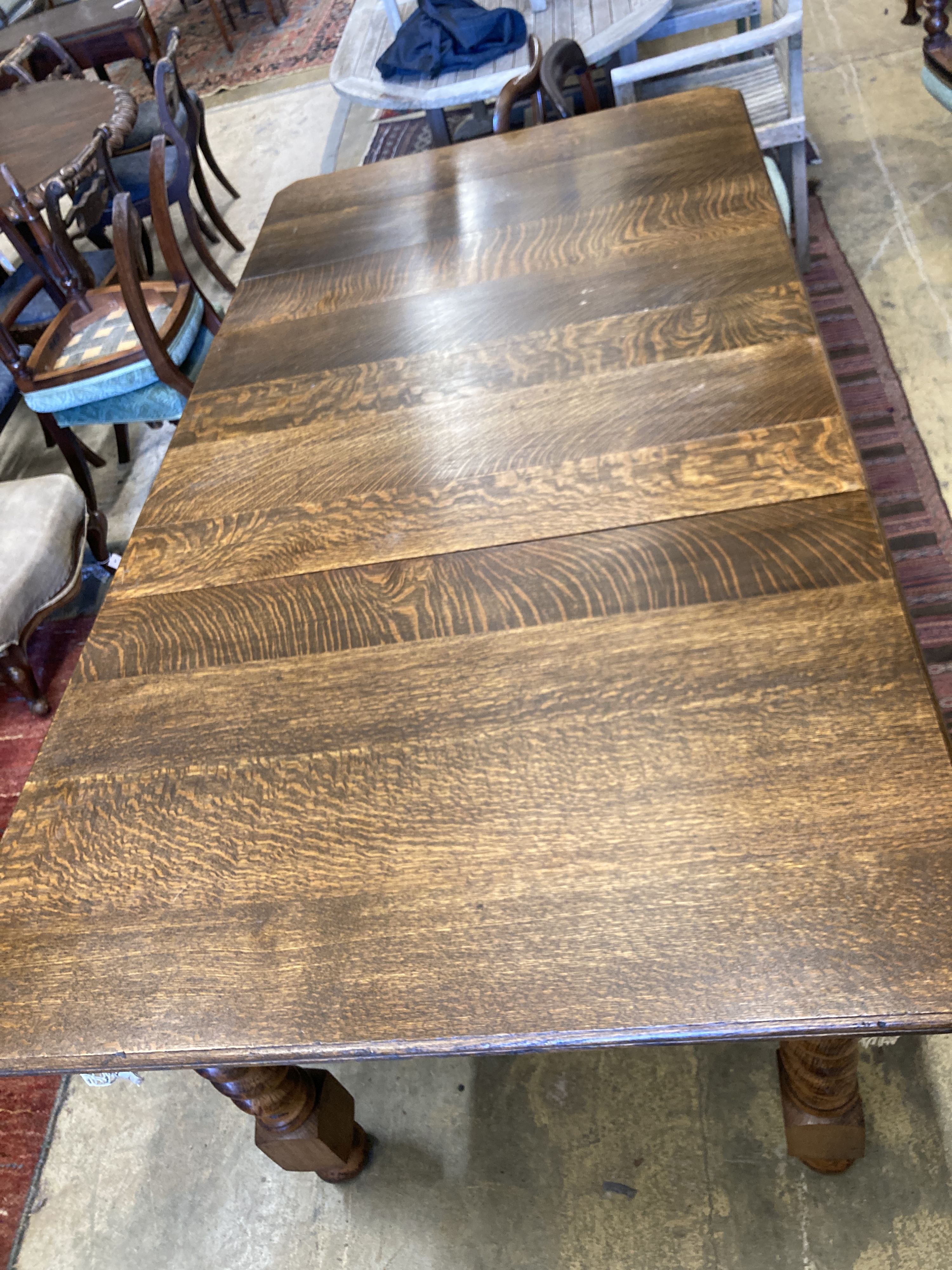 An early 20th century oak Jelks & Son snooker/dining table with full accessories, length 200cm, depth 102cm, height 79cm